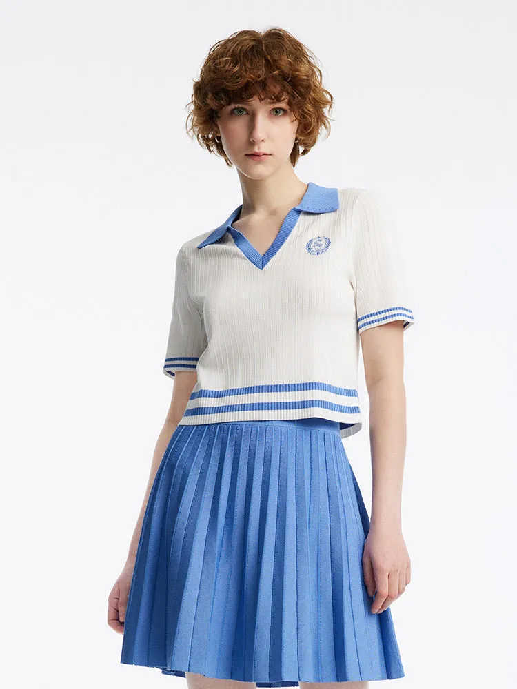 V-Neck Knit Top And Mini Pleated Skirt College Style Two-Piece Set