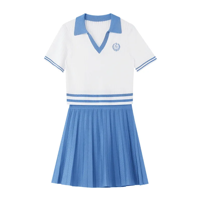 V-Neck Knit Top And Mini Pleated Skirt College Style Two-Piece Set