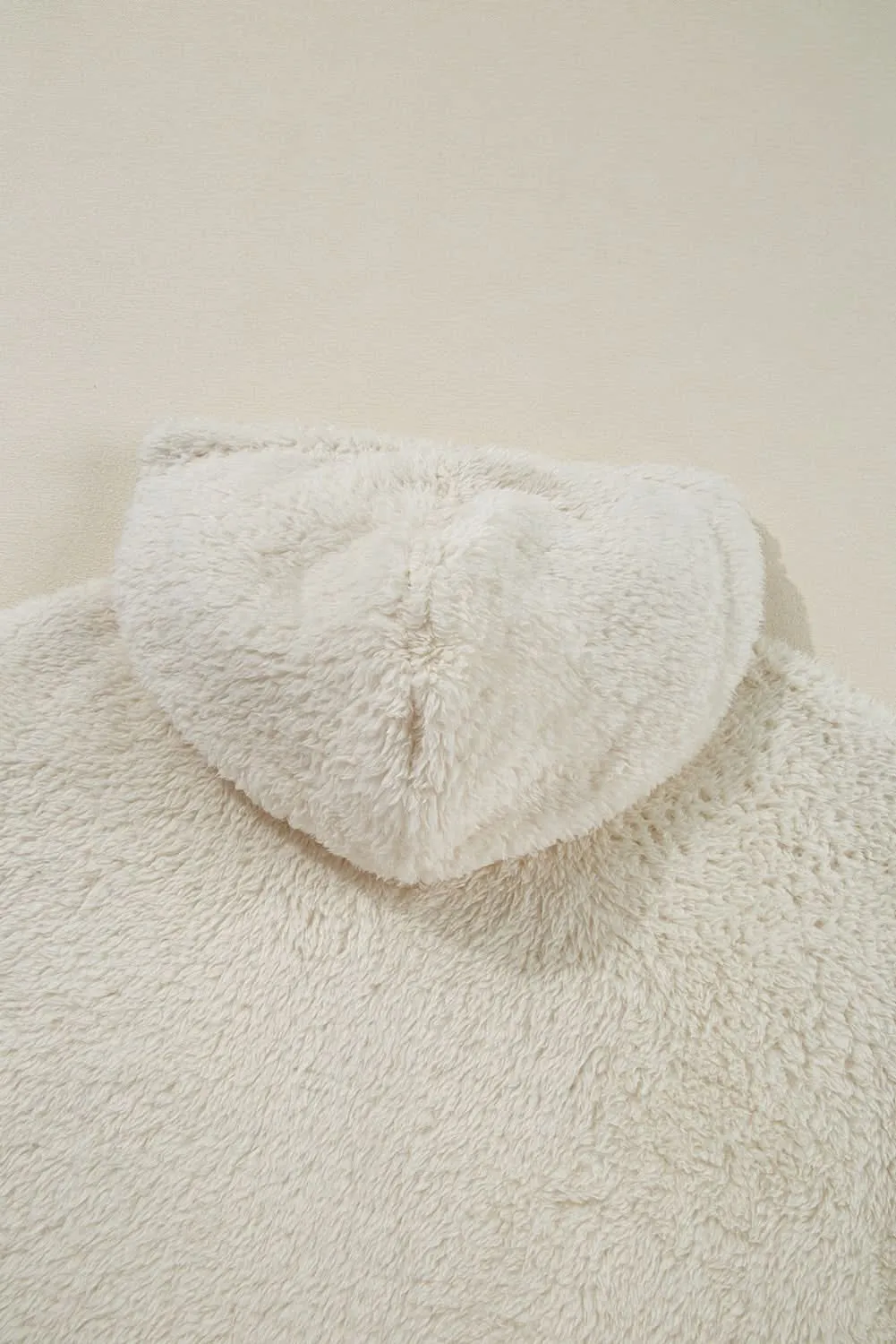White Contrast Ribbed Edge Plush Hoodie