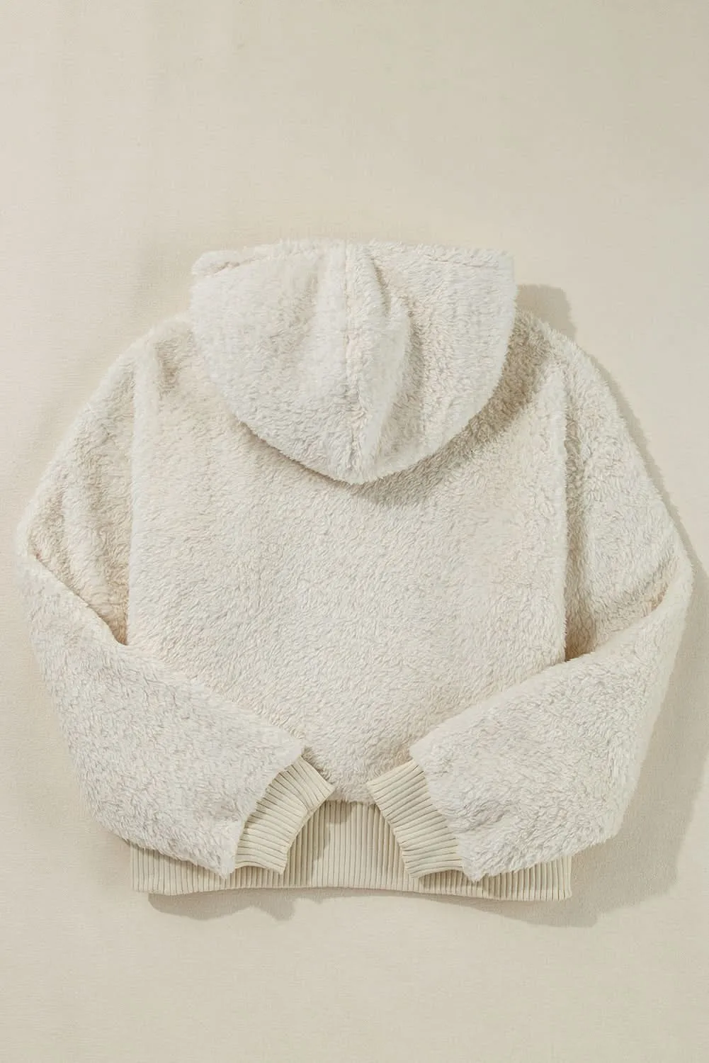 White Contrast Ribbed Edge Plush Hoodie