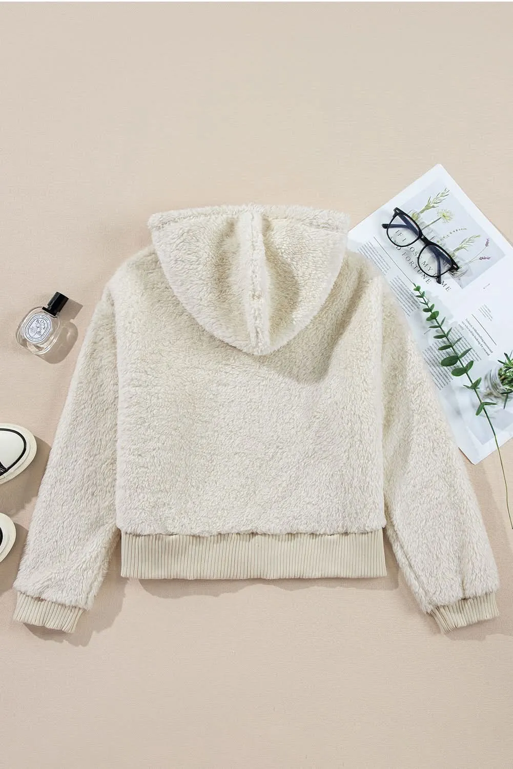 White Contrast Ribbed Edge Plush Hoodie