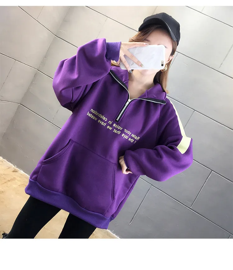 Wjczt Hoodie Autumn Winter Print Loose Femme Pullover Pocket Fleece Hoodies Women Patchwork Zipper Chic Slim Sweatshirt M-XXL