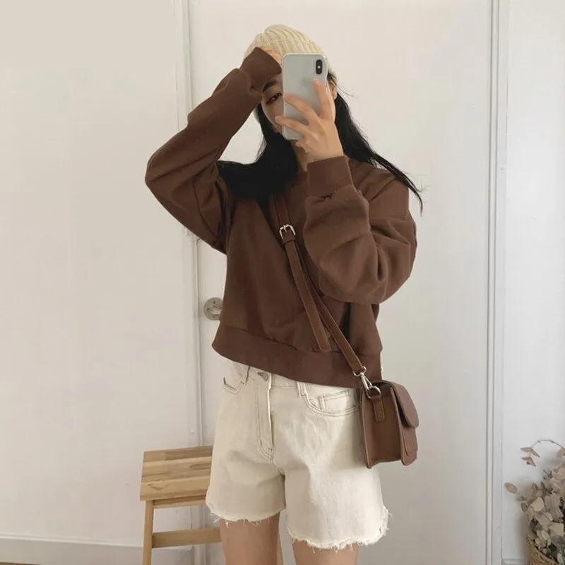 Wjczt Hoodies Women Solid Color Autumn Winter Korean Loose Harajuku Kpop Short Womens Pullover Chic O-neck Sweatshirt Women
