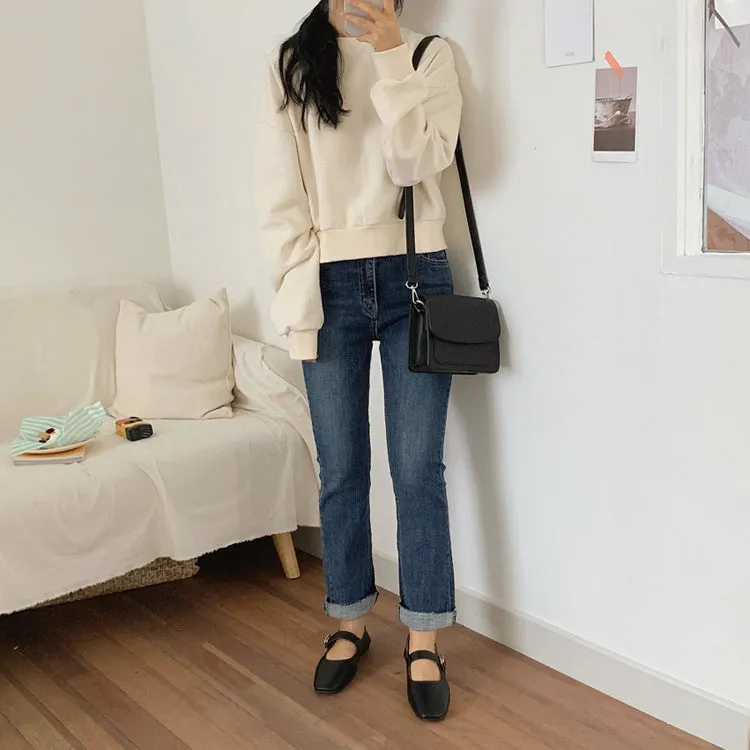 Wjczt Hoodies Women Solid Color Autumn Winter Korean Loose Harajuku Kpop Short Womens Pullover Chic O-neck Sweatshirt Women