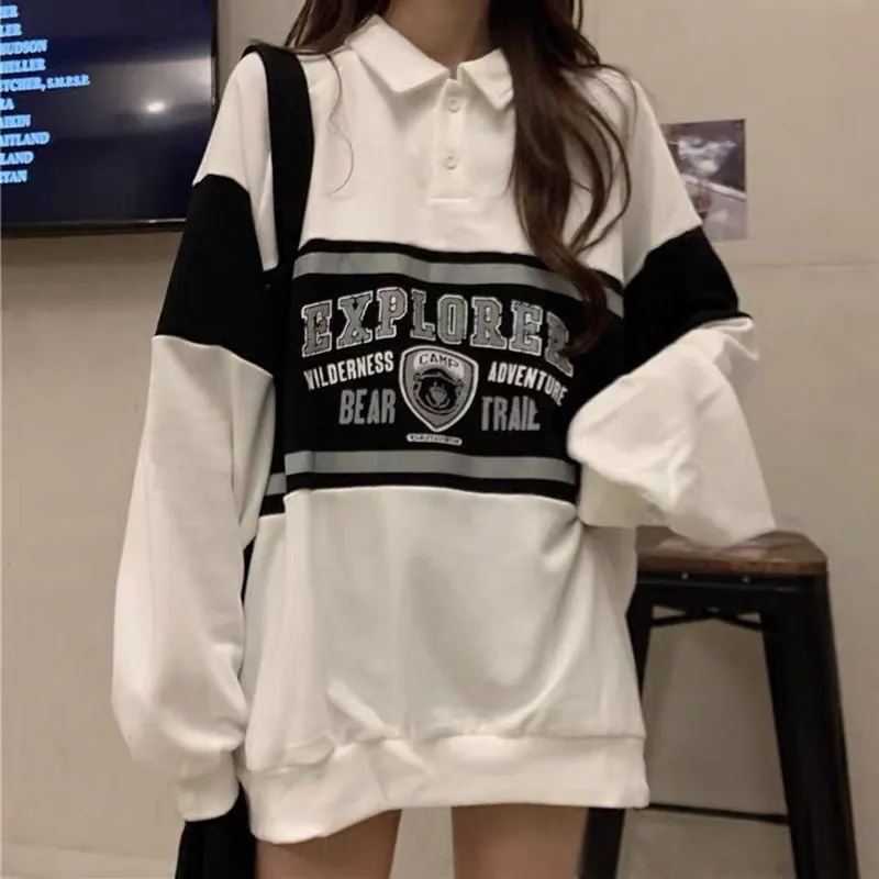 Wjczt masc outfits American Retro Polo Sweater Women's Spring and Autumn Thin Loose BF Lazy Oversize Long Sleeve Top Ins Fashion