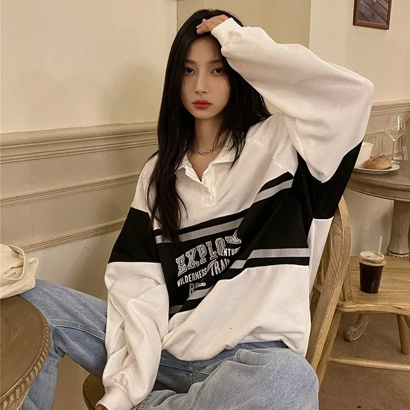 Wjczt masc outfits American Retro Polo Sweater Women's Spring and Autumn Thin Loose BF Lazy Oversize Long Sleeve Top Ins Fashion