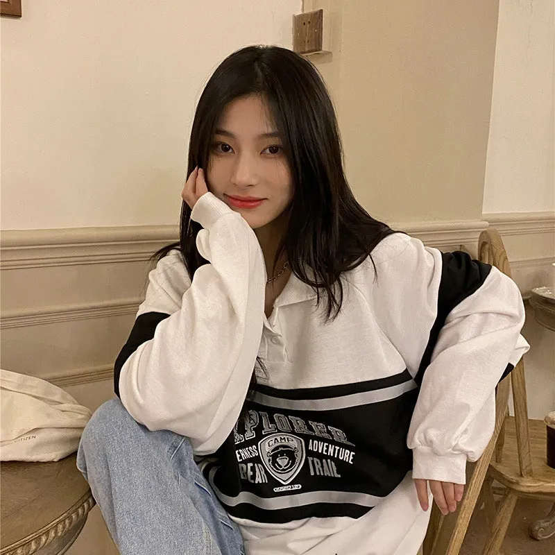 Wjczt masc outfits American Retro Polo Sweater Women's Spring and Autumn Thin Loose BF Lazy Oversize Long Sleeve Top Ins Fashion