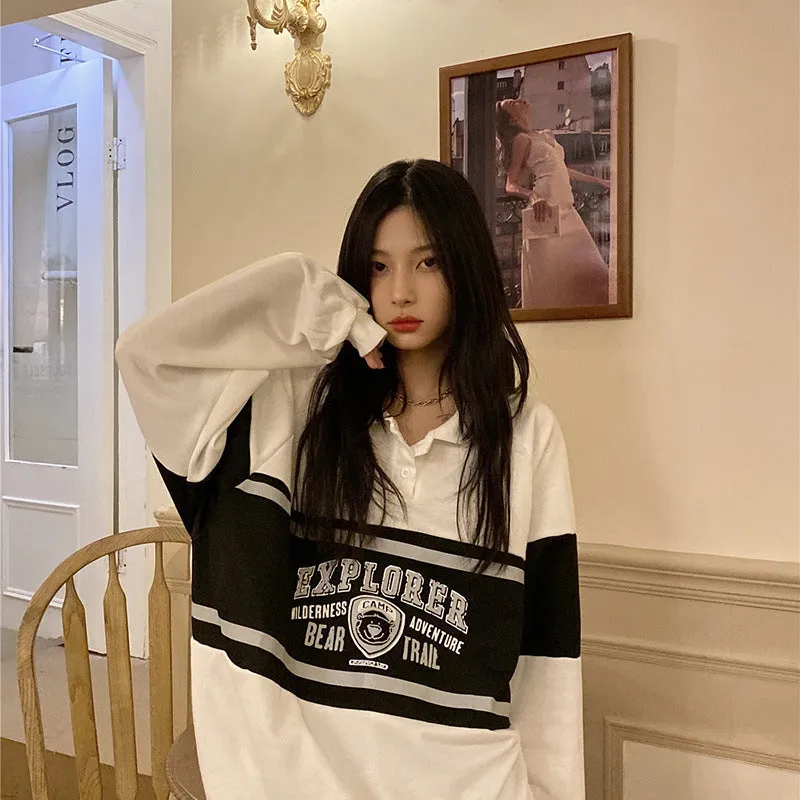Wjczt masc outfits American Retro Polo Sweater Women's Spring and Autumn Thin Loose BF Lazy Oversize Long Sleeve Top Ins Fashion