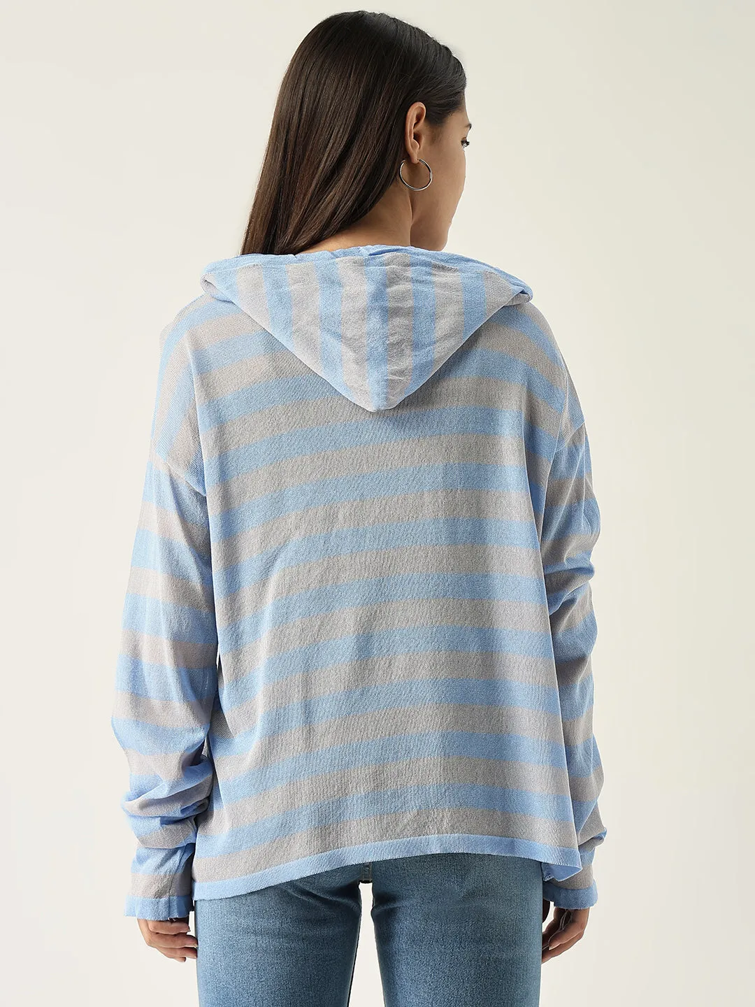 Women Blue Striped Hooded Sweatshirt