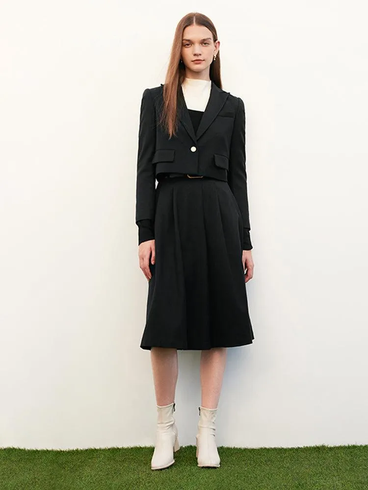 Woolen Tweed Blazer & Pleated Skirt (With Belt)