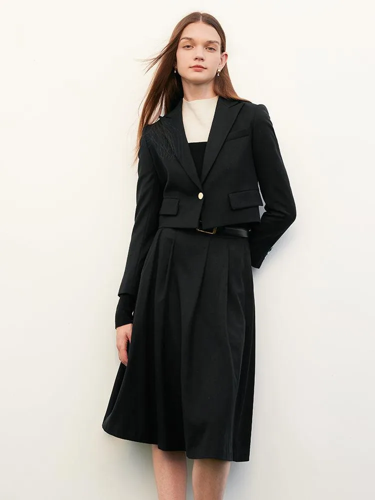 Woolen Tweed Blazer & Pleated Skirt (With Belt)