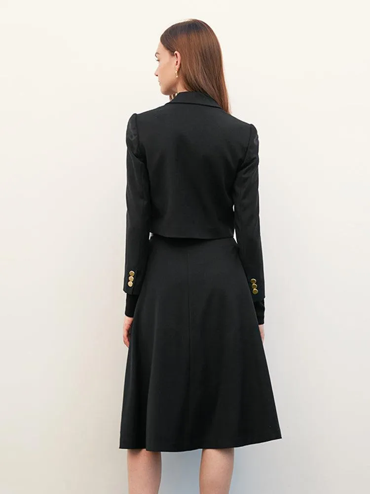 Woolen Tweed Blazer & Pleated Skirt (With Belt)