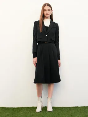 Woolen Tweed Blazer & Pleated Skirt (With Belt)