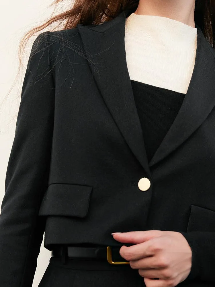 Woolen Tweed Blazer & Pleated Skirt (With Belt)